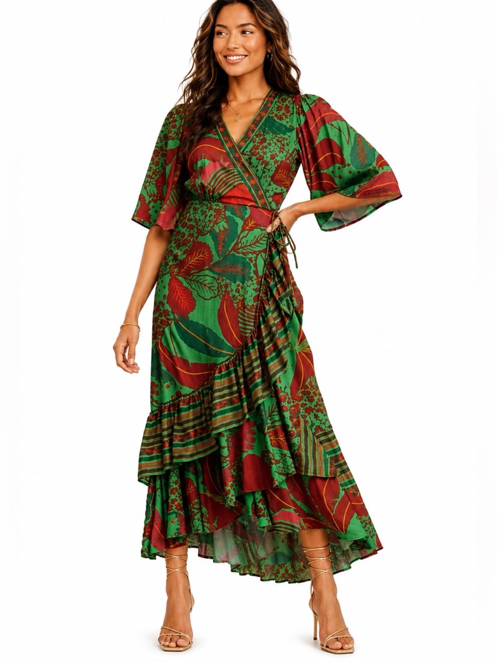Farm Rio for anthropology, jungle Green flutter sleeve Wrap Dress, size S